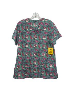Revel Premium Stretch Scrub Shirt Bobby Spooky Skulls Large Green Pink New